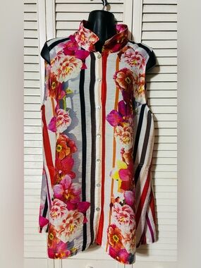 John Mark Floral Stripe Sleeveless Button-Down Shirt - Pink Red Yellow.